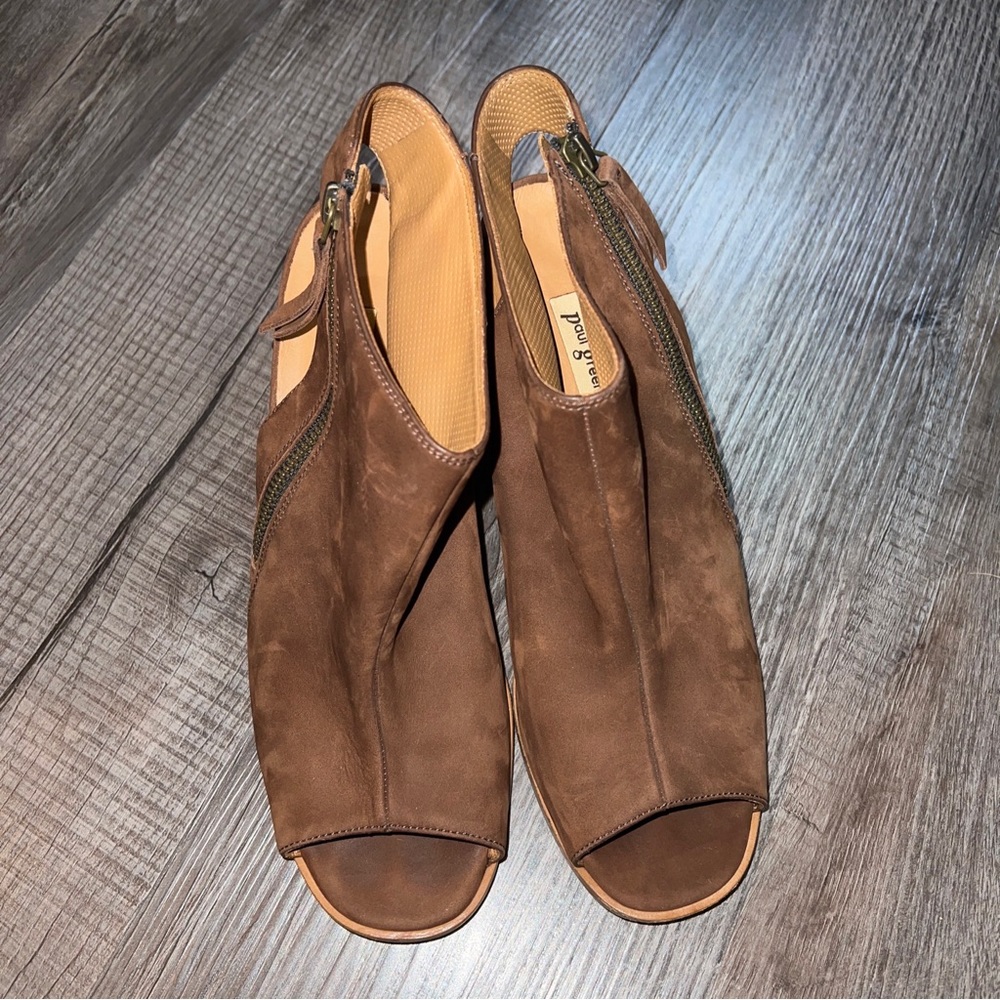 Paul Green Women's Brown Soft Leather Peep Toe 3in High Heel Sandals Size 7.